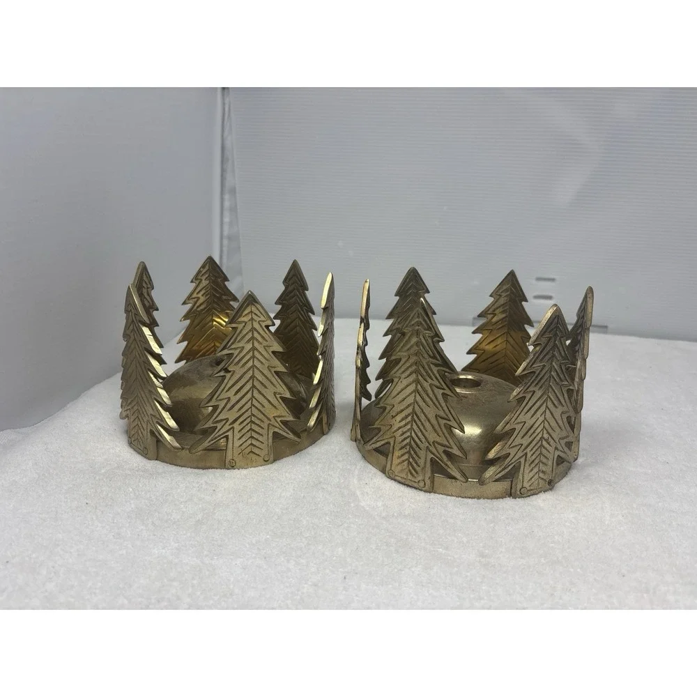 Vtg Round Brass Candle‎ Holder Pine Trees Hand Made India 6